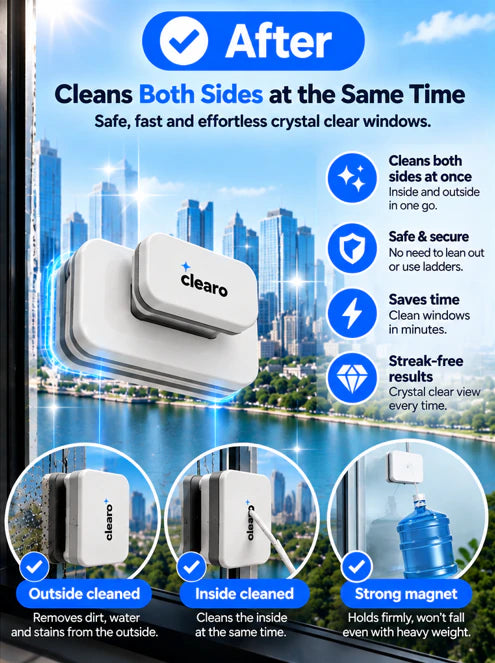 After: CLEARO cleans both sides of the window at the same time. It cleans inside and outside in one go, is safe with no need to lean out or use ladders, saves time and gives streak-free results. The outside and inside are cleaned together, and the strong magnet holds firmly.